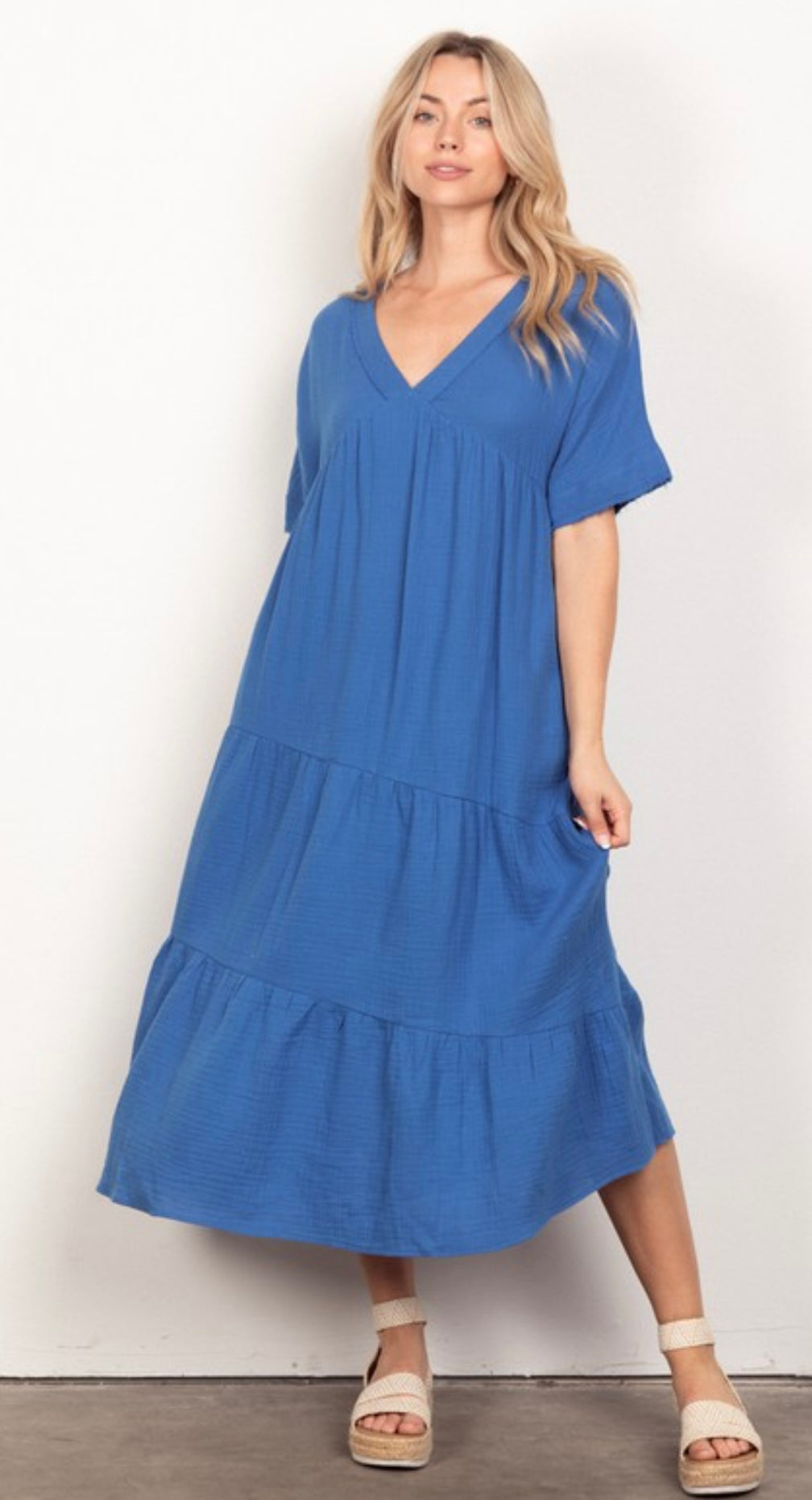 Soft Gauze Ruffle Tiered Blue Midi Dress