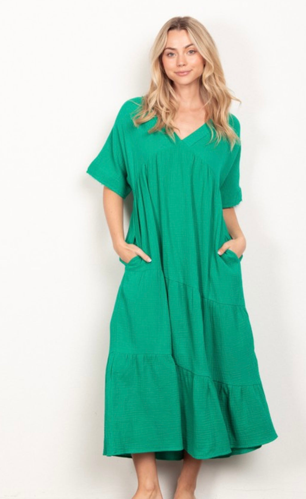Soft Gauze Ruffle Tiered Green Midi Dress