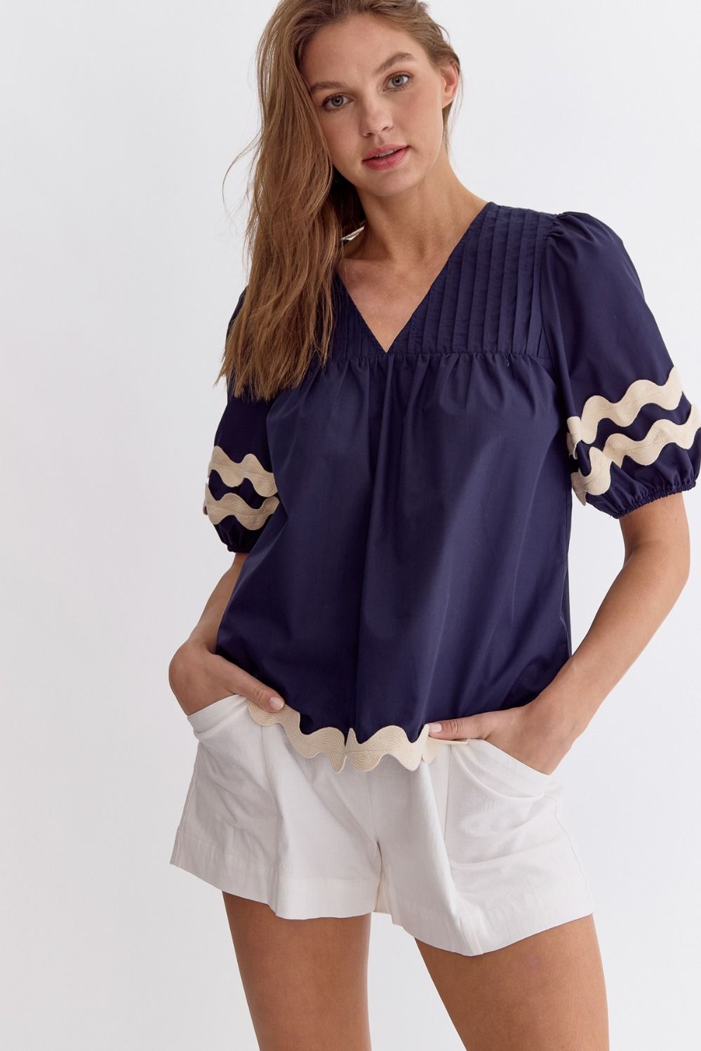 Navy Bubble Sleeve Top with Rick Rack Details