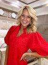 Red Textured Puff Sleeve Dress
