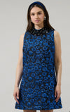 Jacquard Blue Floral Dress with Embellished Neckline