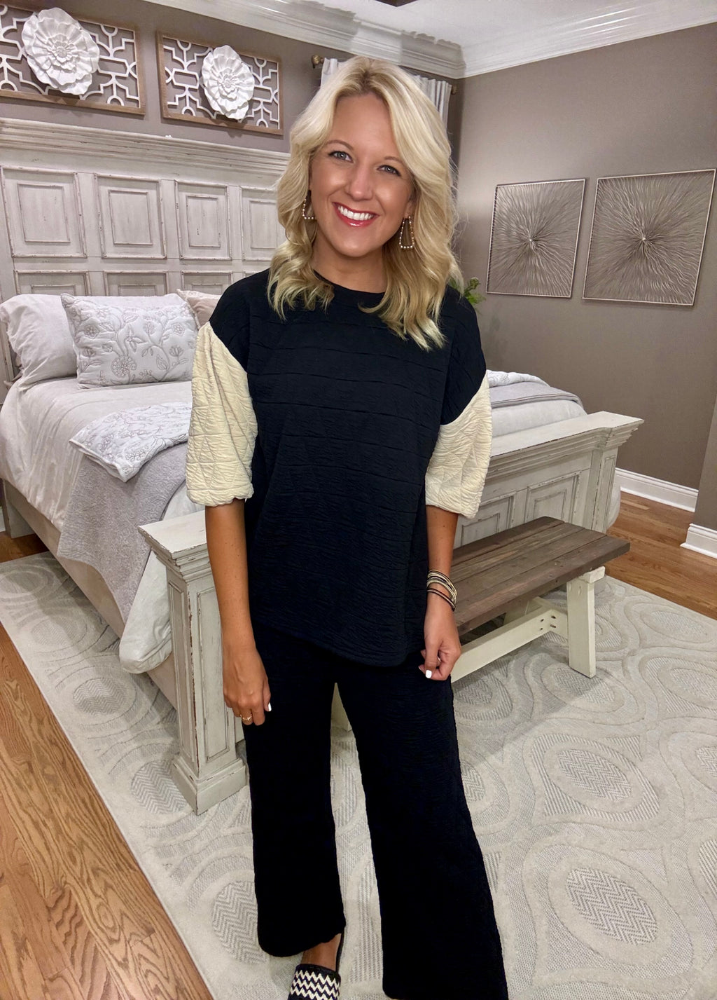 Black & Beige Quilted Top and Pant SET