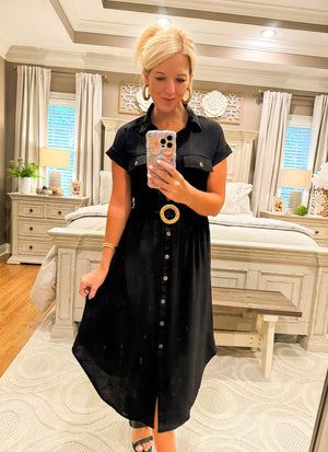 Black Collared Button Down Dress with Belt