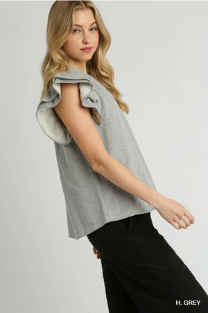 Heather Grey French Terry Boxy Cut Top with Ruffle Sleeve Detail