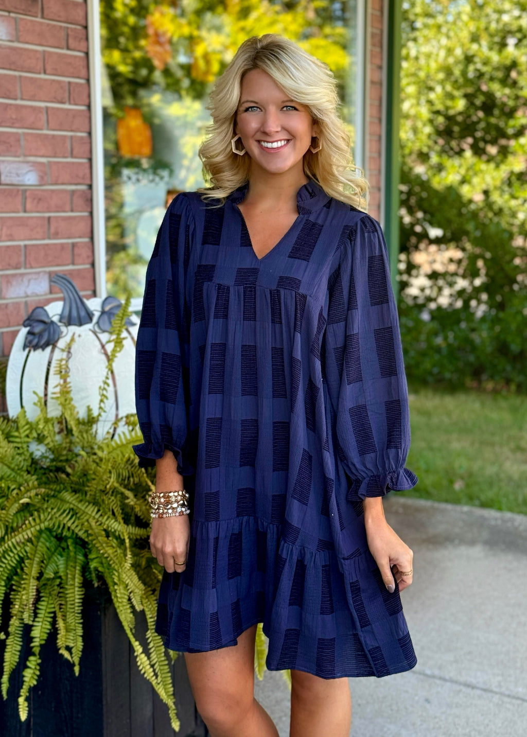 Navy Grid Printed Dress