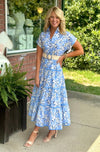 Blue Floral Button Up Midi Dress with Belt