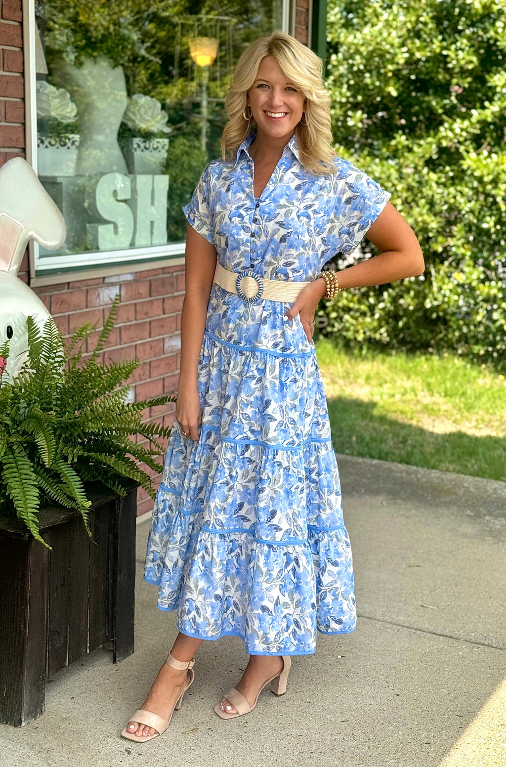 Blue Floral Button Up Midi Dress with Belt