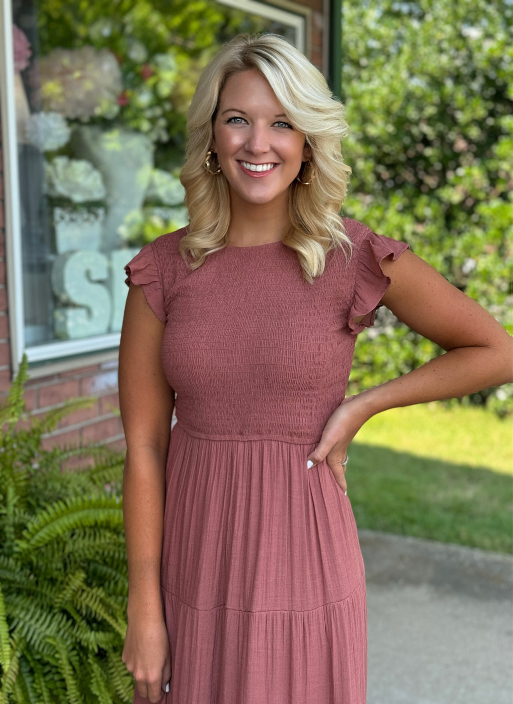 Terracotta Smocked Tiered MIDI Dress