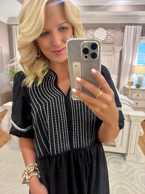 Black Midi Dress with White Embroidery Details