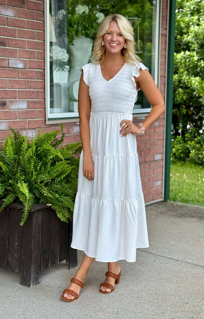 Smocked Flutter Sleeve Midi Dress **FINAL SALE**