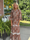 Printed Midi Dress with Contrast Detail & Tie Belt