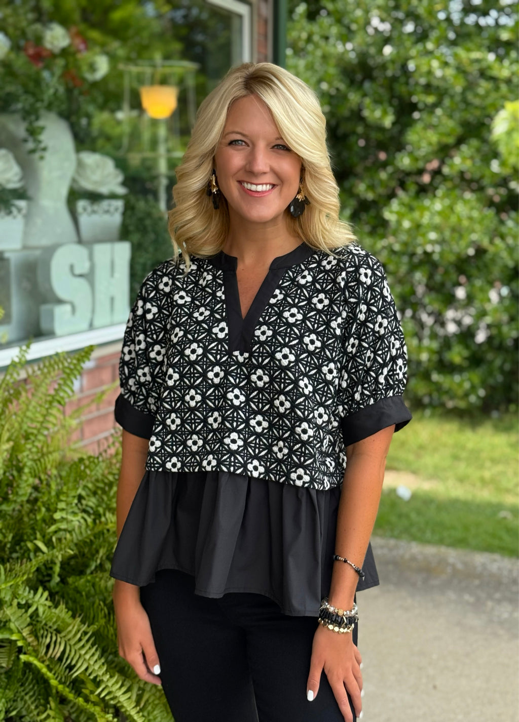 Floral Jacquard Top with Ruffle Contrast Detail