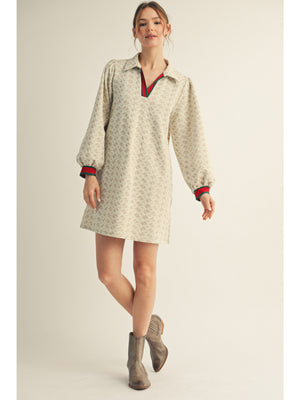 Geo Print Dress with Stripe Contrast Accent