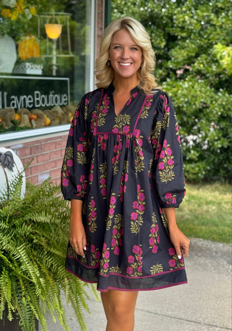 Black Floral Babydoll Dress with Trim Detail