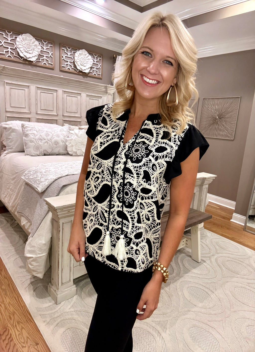 Black Paisley Embroidered Self Tie Tassel Top **FINAL SALE**