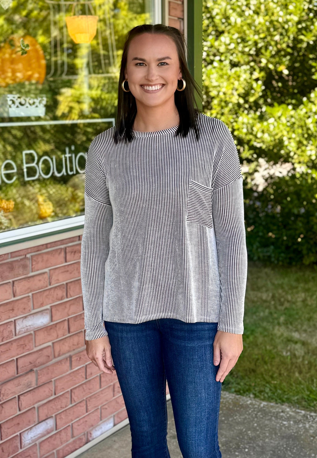 Brown Ribbed Striped Oversized Top