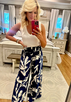 Floral Wide Leg Pant with Smocked Waist