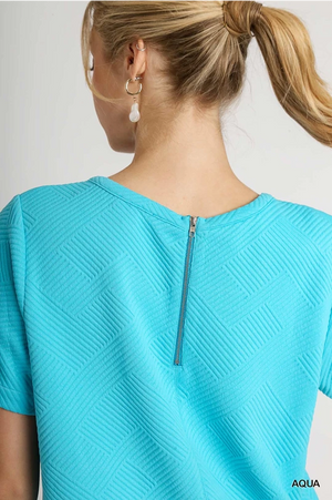 Aqua Blue Textured Shift Dress with Zipper Detail