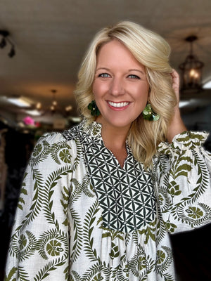 Olive Printed Dress with Smock Neckline Detail