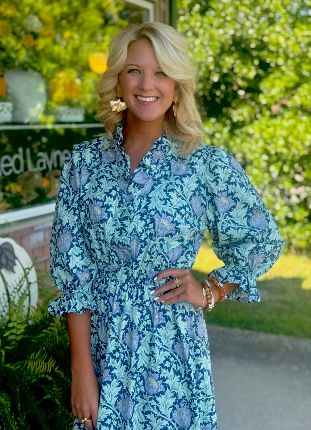 Blue Floral Printed Midi Dress with Ruffle Neckline & Smock Waist