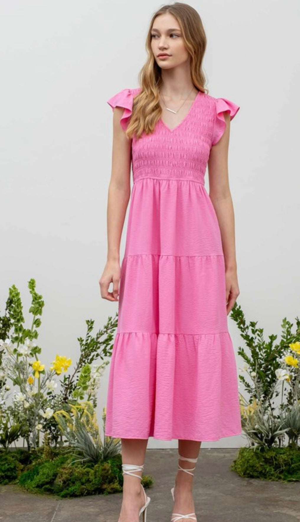 Pink Flutter Sleeve Midi Dress with Smocking Detail