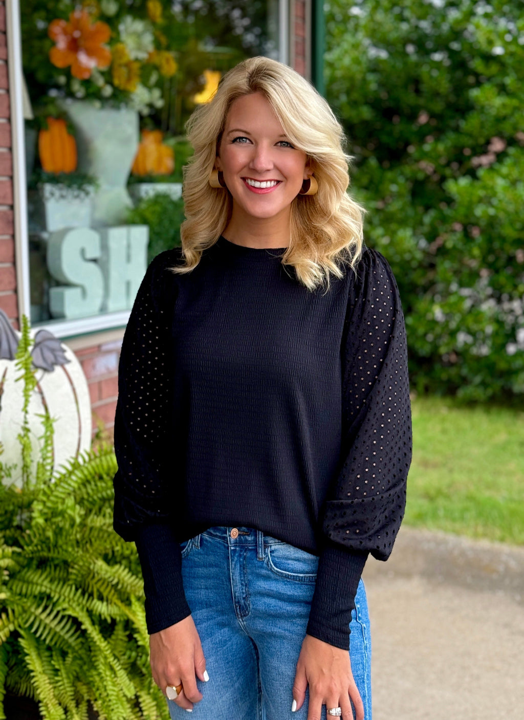 Black Long Sleeve Top with Sheer Sleeve Details