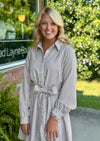 Brown Stripe Button Down Dress with Waist Tie