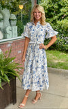 Bell Sleeve Printed Dress with Ruffle Collar and Tie Waist