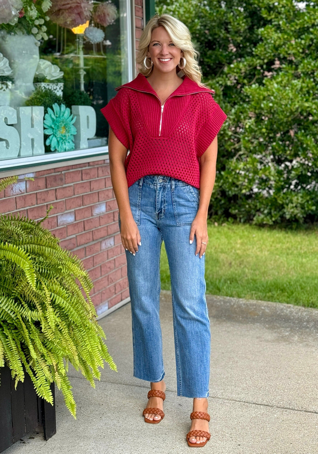 Red Collared Half Zip Sweater