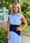 Blue Mix Media Midi Dress with Pleated Detail