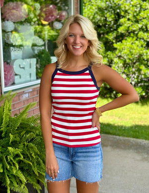 Red & White Stripe Tank with Navy Detail