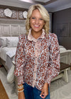 Floral Print Top with Stripe Contrast Neckline