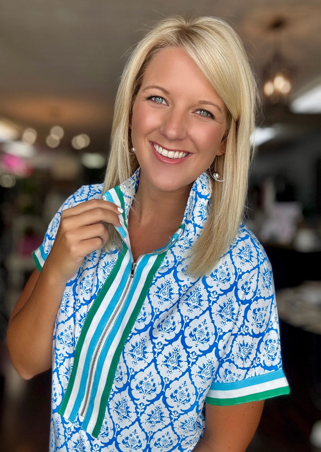 Blue Printed Top with Contrast Zipper Detail