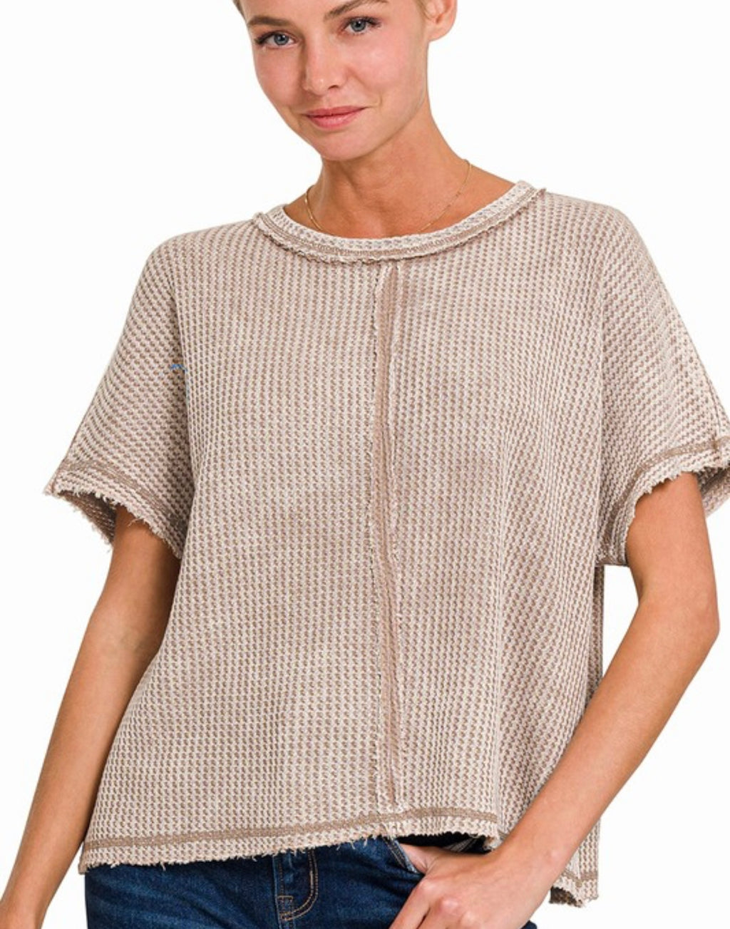 Ash Mocha Waffle Top with Seam Details