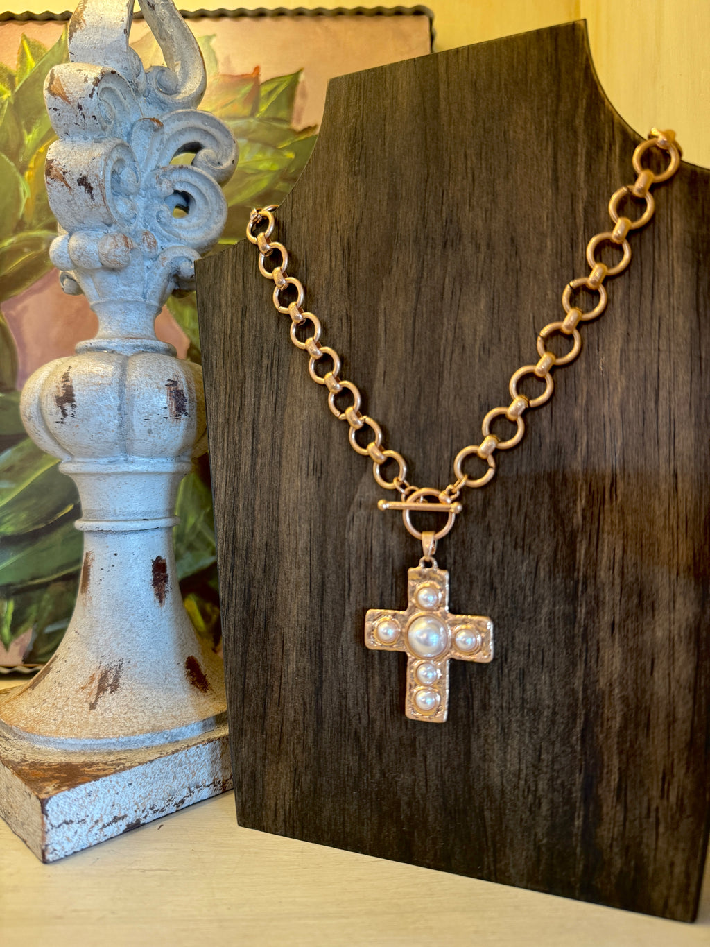 Cross Chain Necklace with Pearl Detail