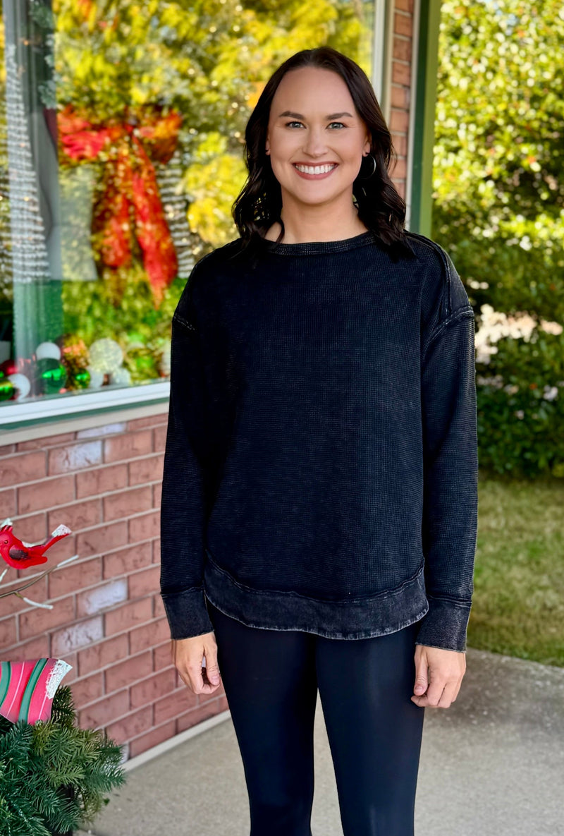 Black Washed Waffle Top with Elbow Patch Detail