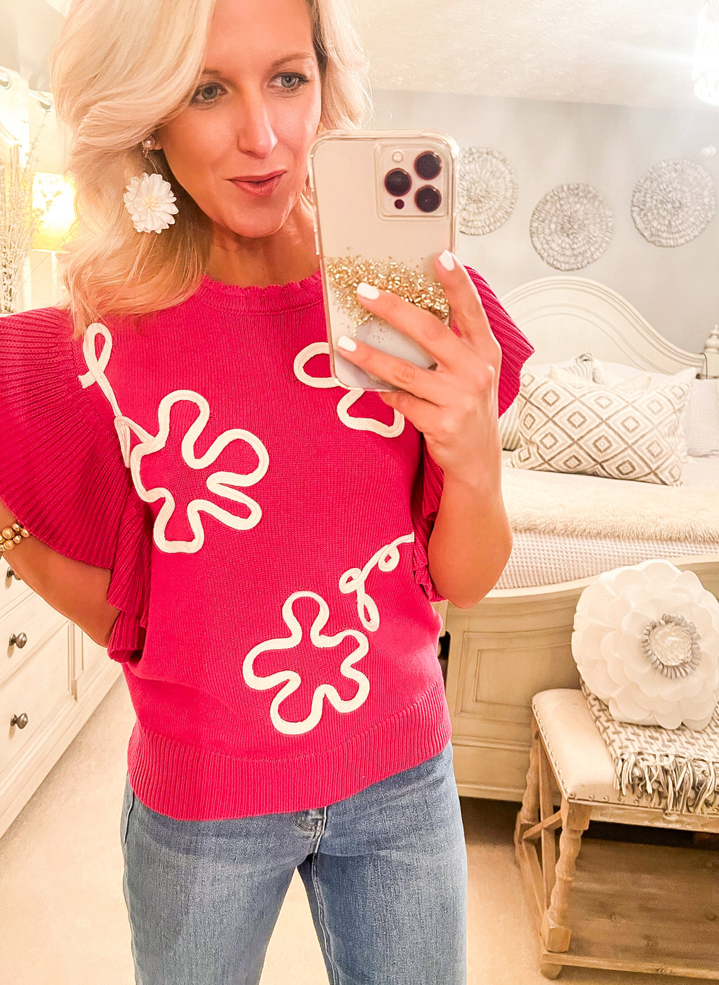 Pink Short Sleeve Sweater with Embroidered Details