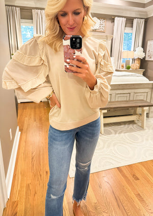 Cream Sweatshirt with Ruffle Sleeve Details