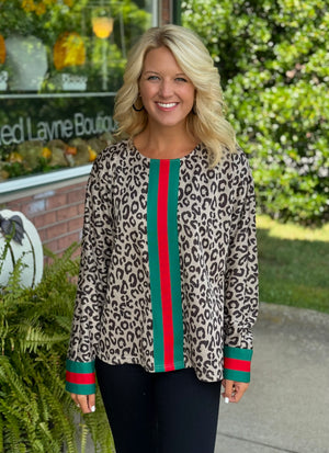 Cheetah Top with Color Rib Band Detail