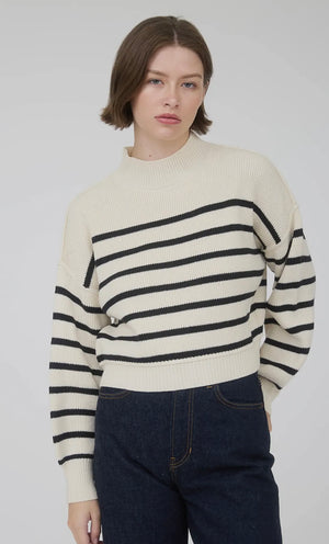 Off White & Black Stripe Mock Neck Sweater