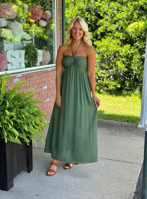 Olive Maxi Dress with Beaded Halter Neckline