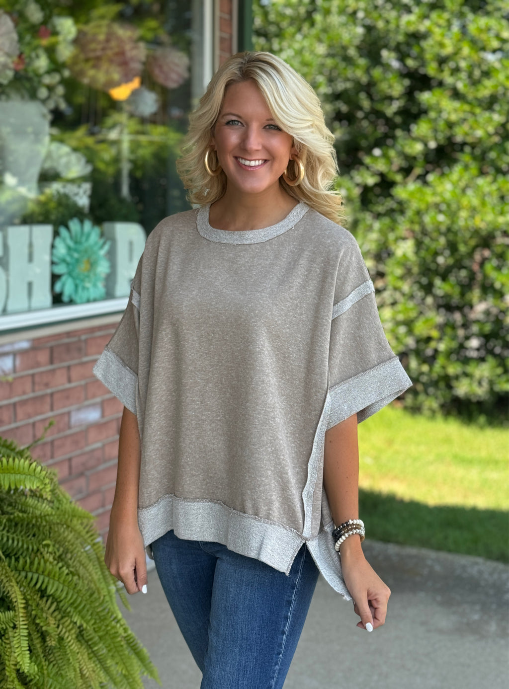 Mocha Contrast Trim Drop Shoulder Top