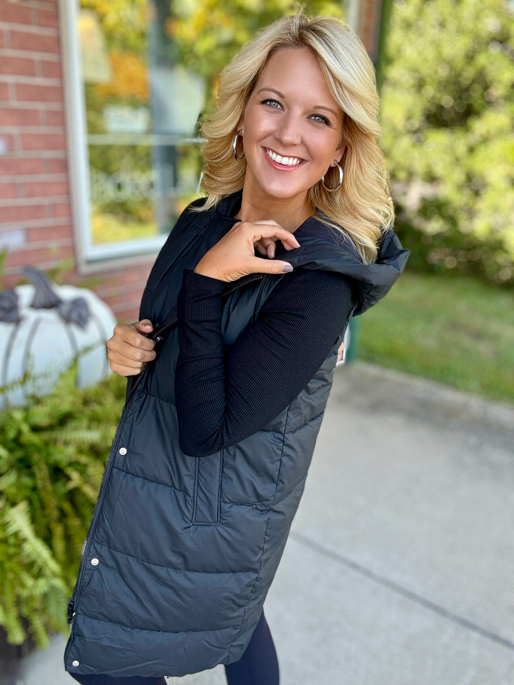 Black Long Puffer Vest with Hood
