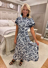 Printed Midi Dress with Drawstring Waist & Sleeve Detail