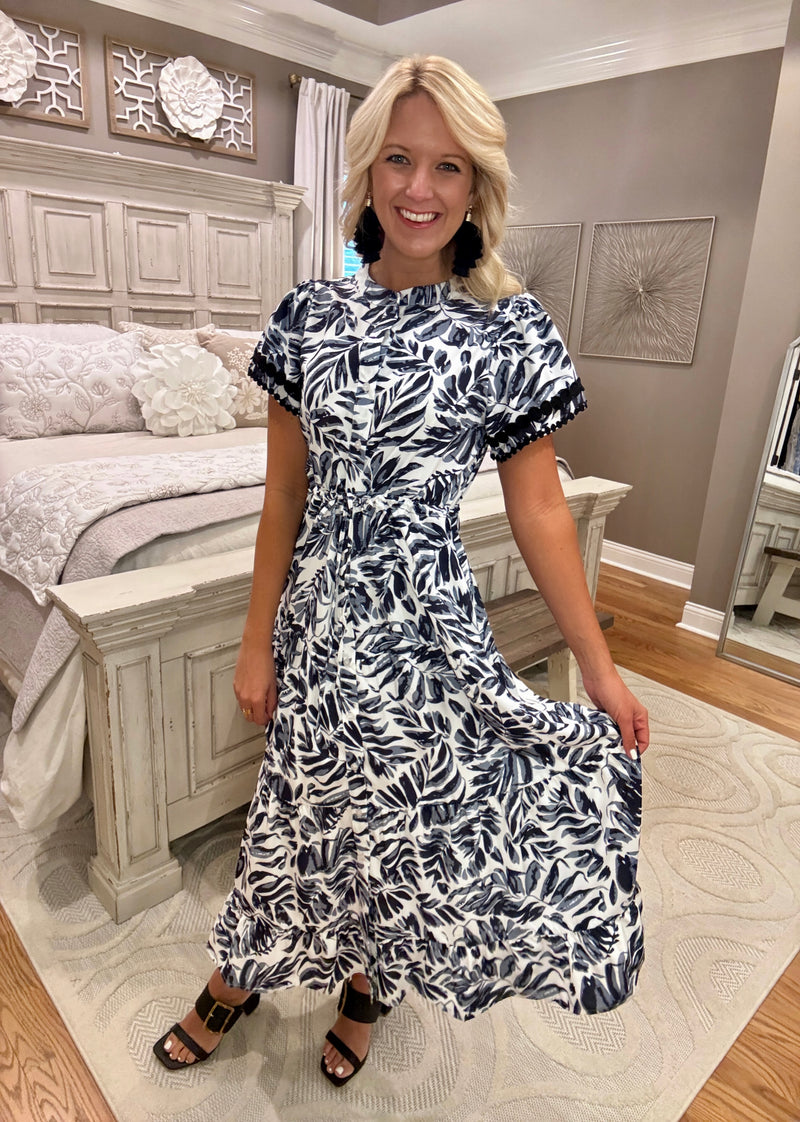 Printed Midi Dress with Drawstring Waist & Sleeve Detail