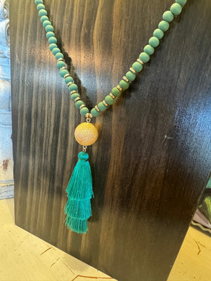 Green Beaded Tassel Necklace
