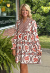 Rust Printed Dress with Smock Neckline Detail
