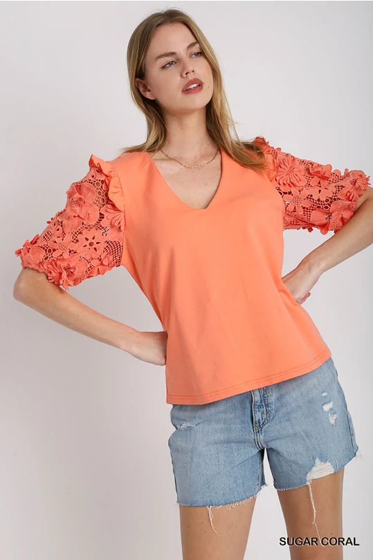 Bright Coral Top with Crochet Floral Sleeves