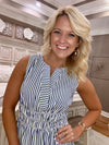 Blue Stripe Woven Midi Dress with Cinch Waist Detail