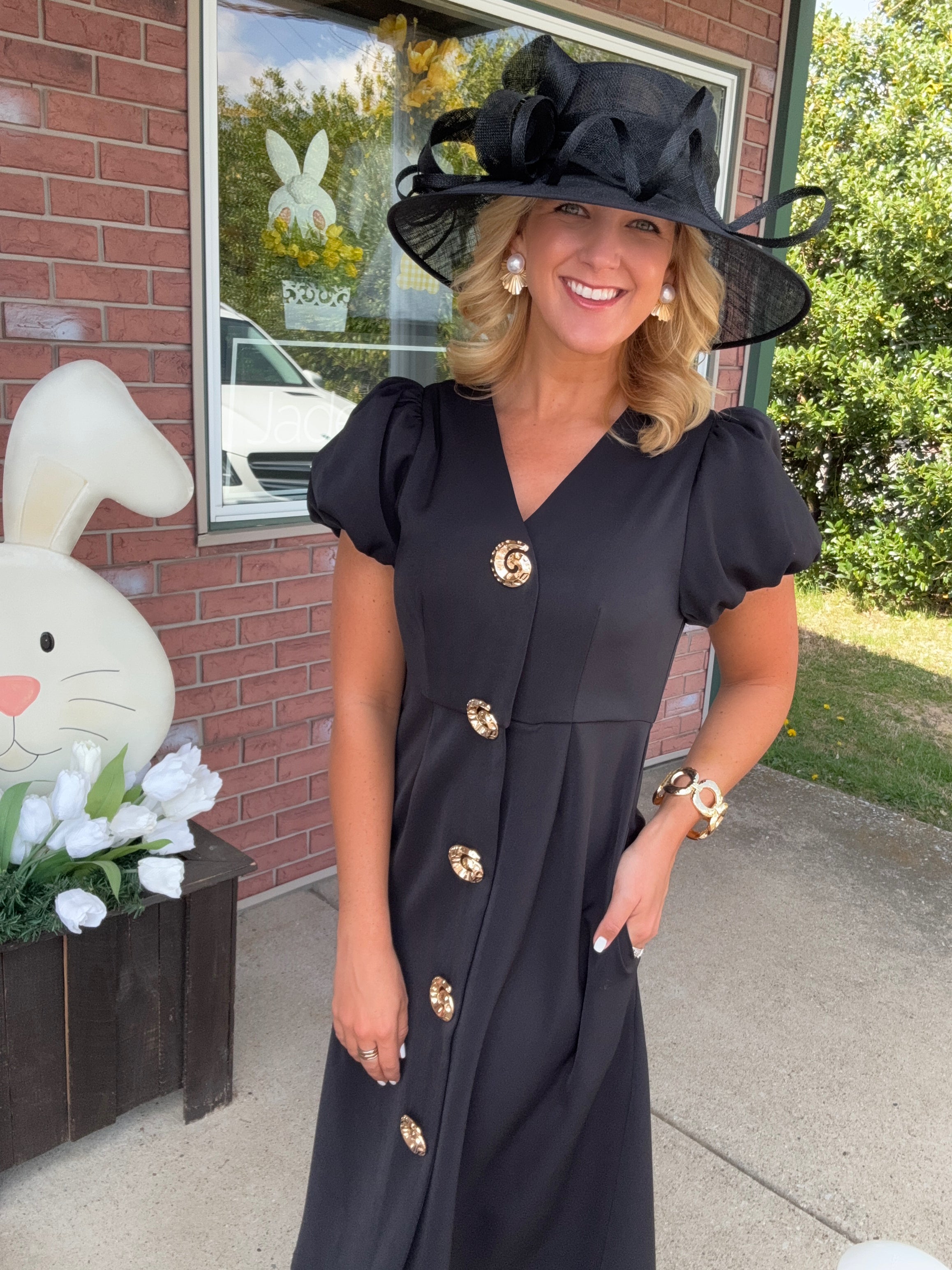 Black Midi Dress with Puff Sleeve & Gold Button Detail